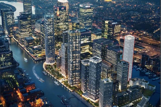A masterplan image showing the proposed location of the tower in Canary Wharf at 7 Brannan Street