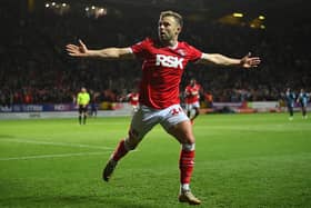 Matty Godden celebrates scoring a huge play-off goal for Charlton Athletic.