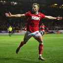 Matty Godden celebrates scoring a huge play-off goal for Charlton Athletic.