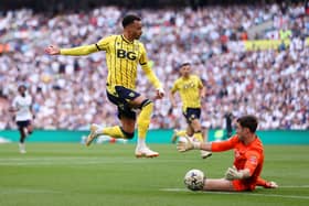Nathan Baxter in action for Bolton Wanderers at the League One play-off final.