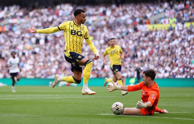 Nathan Baxter in action for Bolton Wanderers at the League One play-off final.