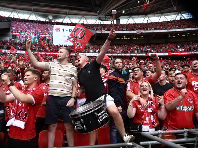 Charlton Athletic fans celebrate at Wembley Stadium.