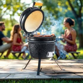 The Kamado-style ceramic BBQ in action – perfect for slow-smoked feasts and summer gatherings.