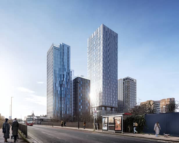 An artist's impression of plans for new North Acton tower blocks, replacing the Holiday Inn
