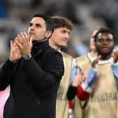 Mikel Arteta applauds the fans at the end of the UEFA Champions League 2024/25 Quarter Final Second Leg match between Real Madrid C.F. and Arsenal FC at Estadio Santiago Bernabeu on April 16, 2025 in Madrid, Spain. (Photo by David Price/Arsenal FC via Getty Images)