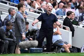 Ange Postecoglou, Manager of Tottenham Hotspur reacts during the Premier League match between Tottenham Hotspur FC and Brighton & Hove Albion FC at Tottenham Hotspur Stadium on May 25, 2025 in London, England.
