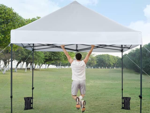 The pop-up gazebo is made of steel and designed for all weathers