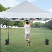 The pop-up gazebo is made of steel and designed for all weathers
