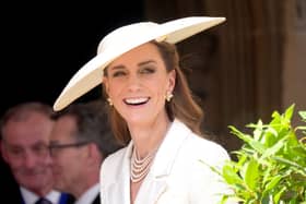 Catherine, Princess of Wales smiles as she attends the Order of the Garter service at St George's Chapel in Windsor Castle, west of London, on June 16, 2025