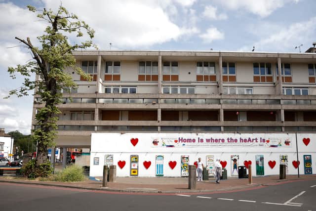 An empty block of flats at the entrance to the Alton Estate, Roehampton