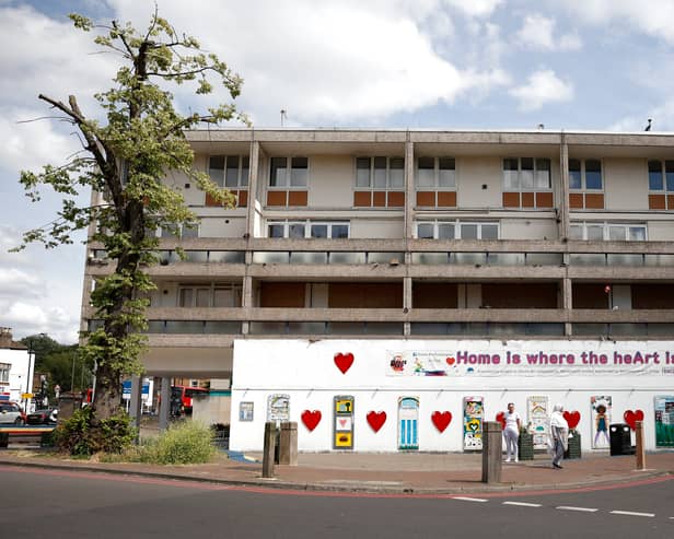 An empty block of flats at the entrance to the Alton Estate, Roehampton