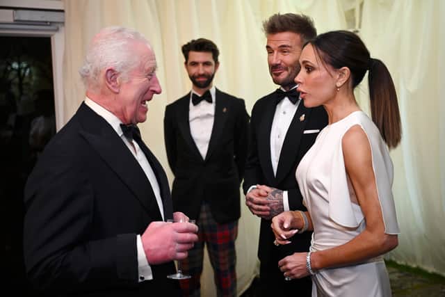 King Charles III, David Beckham and Victoria Beckham during a dinner at Highgrove House on February 07, 2025