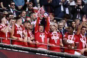 Charlton Athletic celebrate League One play-off final victory.