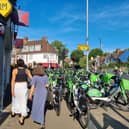 Lime bike parking filled up much of the pavement around Southfields station, with bikes being hemmed in from the road with barriers