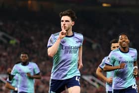 Declan Rice celebrates scoring at Old Trafford.