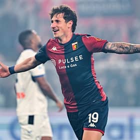 Pinamonti celebrates scoring for Genoa.