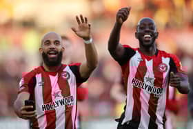 Bryan Mbeumo and Yoane Wissa of Brentford celebrate at the end of the Premier League match between Brentford FC and Ipswich Town FC at Gtech Community Stadium on October 26, 2024 in Brentford, England. (Photo by Alex Pantling/Getty Images)