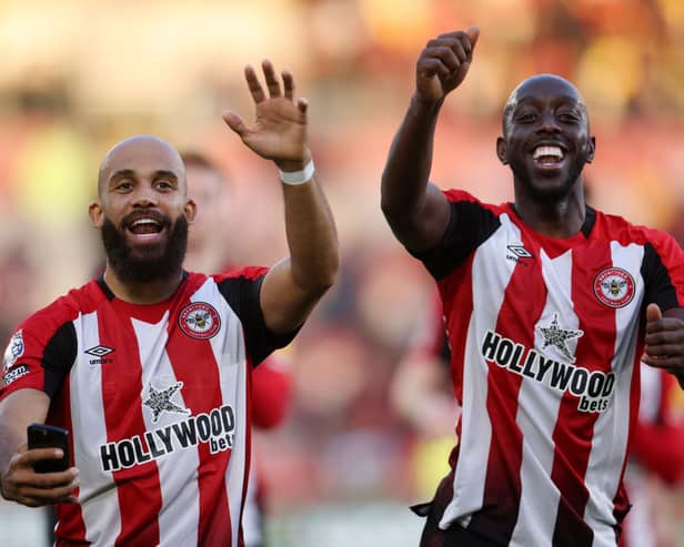 Bryan Mbeumo and Yoane Wissa of Brentford celebrate at the end of the Premier League match between Brentford FC and Ipswich Town FC at Gtech Community Stadium on October 26, 2024 in Brentford, England. (Photo by Alex Pantling/Getty Images)