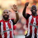 Bryan Mbeumo and Yoane Wissa of Brentford celebrate at the end of the Premier League match between Brentford FC and Ipswich Town FC at Gtech Community Stadium on October 26, 2024 in Brentford, England. (Photo by Alex Pantling/Getty Images)