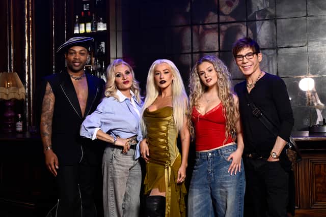 Todrick Hall, Orfeh, Christina Aguilera, Jess Folley and Steve Antin attend a photocall for "Burlesque: The Musical" at The Savoy Theatre