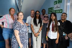 Express Wharf residents pictured left to right: Paula Evans, Dee Rosser, Ian Moody, Pam Benjamin, Dave James, Leslie Silk, Innaya Ahammad and Masi Khan