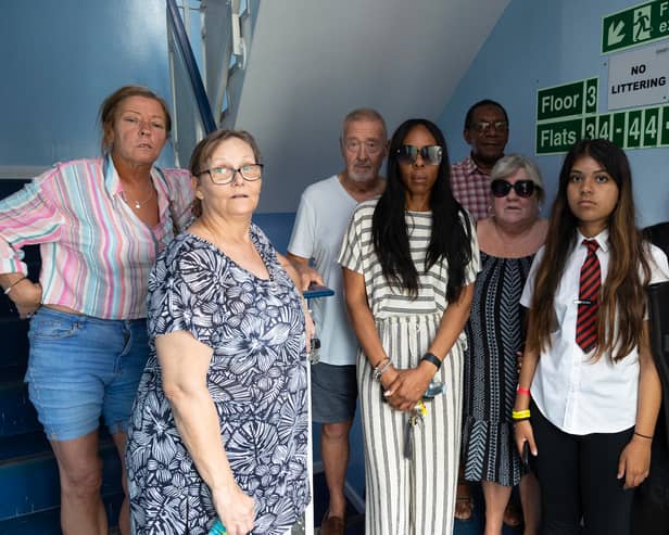 Express Wharf residents pictured left to right: Paula Evans, Dee Rosser, Ian Moody, Pam Benjamin, Dave James, Leslie Silk, Innaya Ahammad and Masi Khan