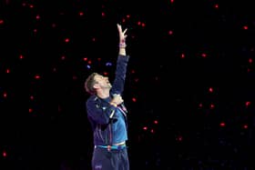  Chris Martin of Coldplay performs on a stop of the band's Music of the Spheres world tour at Allegiant Stadium on June 06, 2025 in Las Vegas, Nevada.