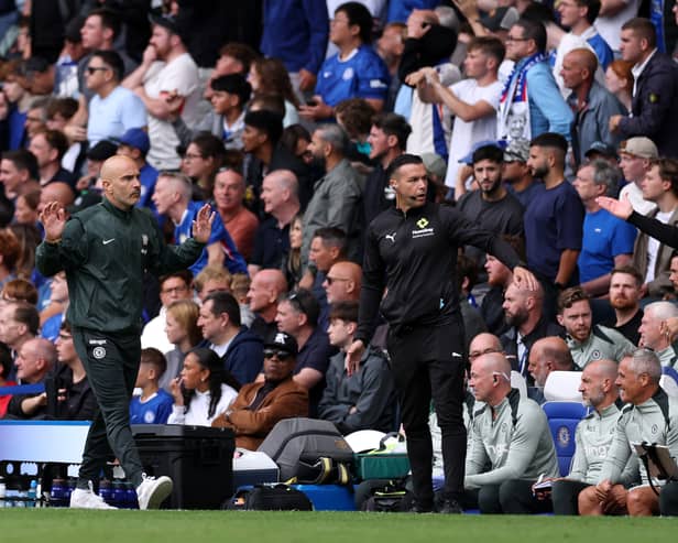 Enzo Maresca and Marco Silva clash on the touchline during a west London derby at Stamford Bridge.
