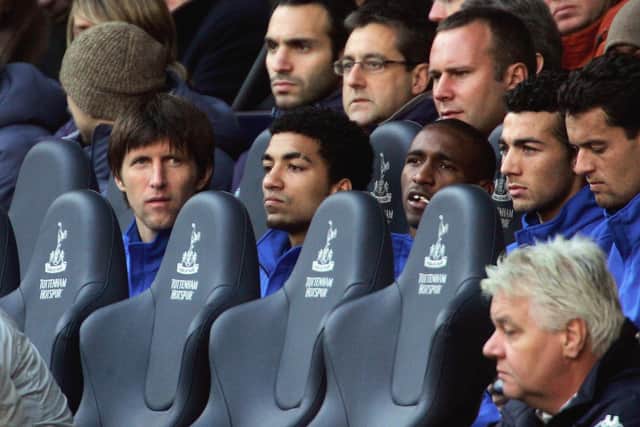 Grzegorz Rasiak, Aaron Lennon, Jermain Defoe and Stephen Kelly of Tottenham watch on during the Barclays Premiership match between Tottenham Hotspur and West Ham at White Hart Lane on November 20, 2005 in London, England.
