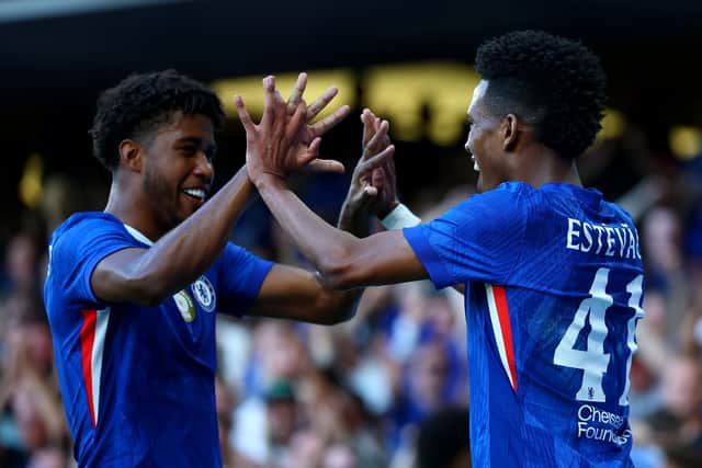Chelsea and Brazil stars Andrey Santos and Estevao celebrate at Stamford Bridge.