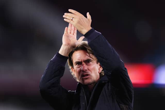 Thomas Frank, Manager of Tottenham Hotspur, applauds the fans after the Premier League match between West Ham United and Tottenham Hotspur at London Stadium on September 13, 2025 in London, England.