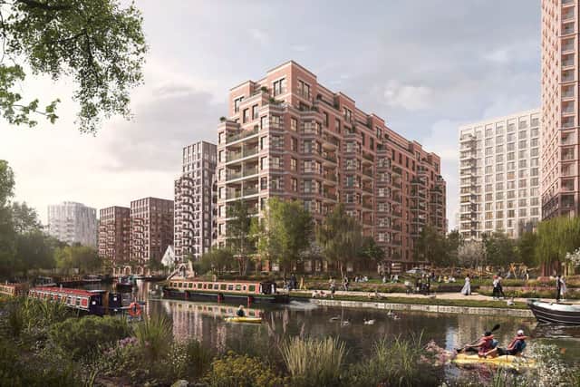 The development will provide more than 2,500 homes. A view of the Kensal Canalside development from Kensal Green cemetery in West London, UK