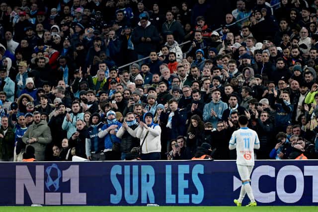 Ethan Nwaneri celebrates scoring on his Marseille debut.