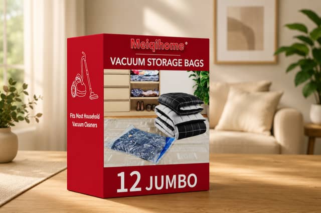 The jumbo vacuum storage bags are designed to compress bulky bedding and clothing to free up space around the home.