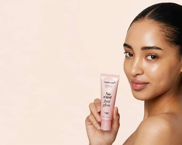 The medicube Collagen No Cast Just Glow Sunscreen combines SPF50 protection with hydrating skincare ingredients for a radiant finish.