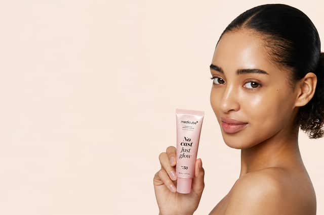 The medicube Collagen No Cast Just Glow Sunscreen combines SPF50 protection with hydrating skincare ingredients for a radiant finish.