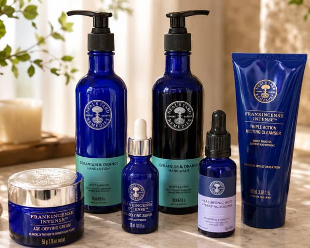 Neal’s Yard Remedies Frankincense Intense Age-Defying Cream, Age-Defying Serum and Triple Action Melting Cleanser, alongside the Hyaluronic Acid Hydrating Booster and Geranium & Orange Hand Wash and Hand Lotion.
