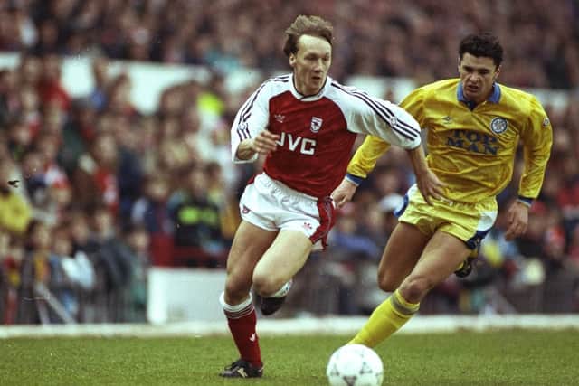 Gary Speed hunts down Arsenal's Lee Dixon during the FA Cup fourth round clash at Highbury in January 1991.