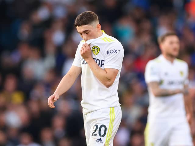 RED: Daniel James is shown a straight red card at Elland Road (Photo by Robbie Jay Barratt - AMA/Getty Images)