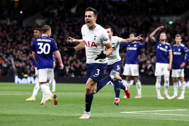 Tottenham Hotspur defender Sergio Reguilón celebrates scoring against Leeds United at White Hart Lane. Pic: Getty