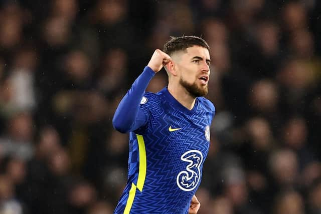 Jorginho celebrates scoring for Chelsea at Stamford Bridge. Pic: Marc Atkins.