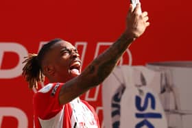 Ivan Toney celebrates promotion to the Premier League with Brentford. Photo: Catherine Ivill Getty Images.