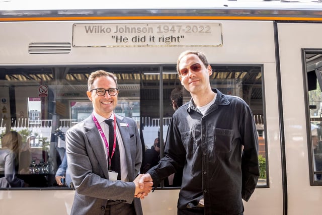 c2c MD Rob Mullen (L) and Simon Johnson (R), Wilko's son, at the Wilko Johnson train nameplate event