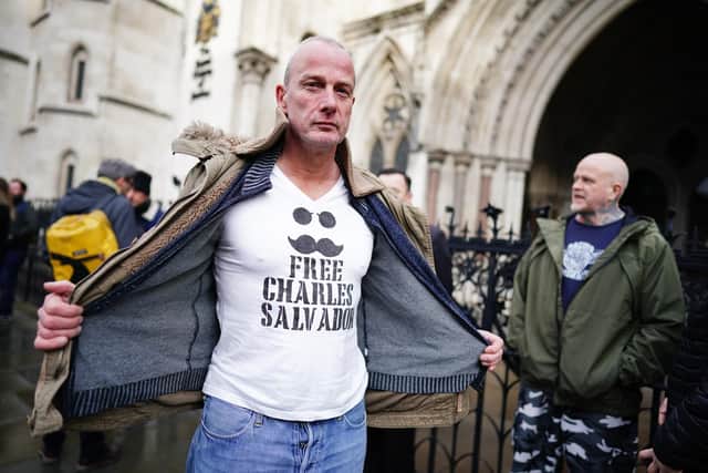 A supporter of notorious inmate Charles Bronson outside the Royal Courts Of Justice, London, ahead of his public parole hearing (Photo: Aaron Chown/PA Wire)