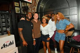 (L to R) Ugo Monye, Mike Tindall, Dame Kelly Holmes, Harry Aikines-Aryeetey and Montell Douglas attend the launch night for The Asahi Open Arms ahead of The 2025 Women's Rugby World Cup created by Asahi Super Dry on August 11, 2025 in London, England. (Photo by Jed Cullen/Dave Benett/Getty Images for Asahi Super Dry)