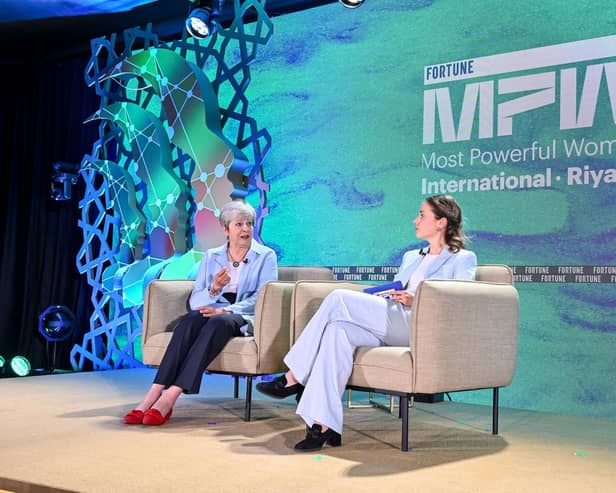 Theresa May advises female leaders to ‘be yourself, don’t feel you have to fit into a stereotype that others have created’ in Riyadh at Fortune’s Most Powerful Women International Summit