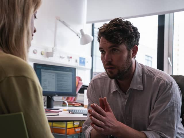 TOM HUGHES as DR James Ford and HANNAH MCCLEAN as Rosie in Malpractice. Photo: WORLD PRODUCTIONS/ITV.