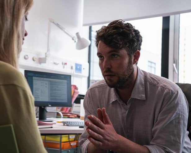 TOM HUGHES as DR James Ford and HANNAH MCCLEAN as Rosie in Malpractice. Photo: WORLD PRODUCTIONS/ITV.