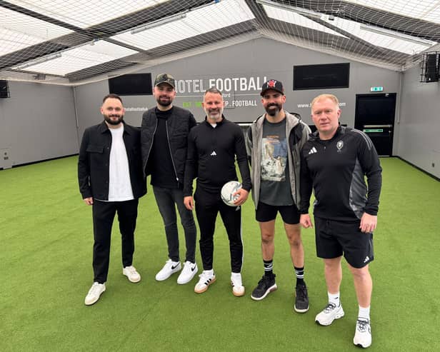 Left to right: Alex Barlow – Senior Account Manager at Optime Group Matt Young – Director at Optime Group Ryan Giggs Anthony Young – Director at Optime Group Paul Scholes