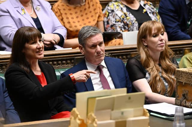 Labour Party Shadow Chancellor of the Exchequer Rachel Reeves, Labour Party leader Keir Starmer, and Labour Party deputy leader Angela Rayner attend prime minister's questions in the House of Commons in London on May 18th, 2022. Photo: JESSICA TAYLOR / UK PARLIAMENT / AFP via Getty Images.